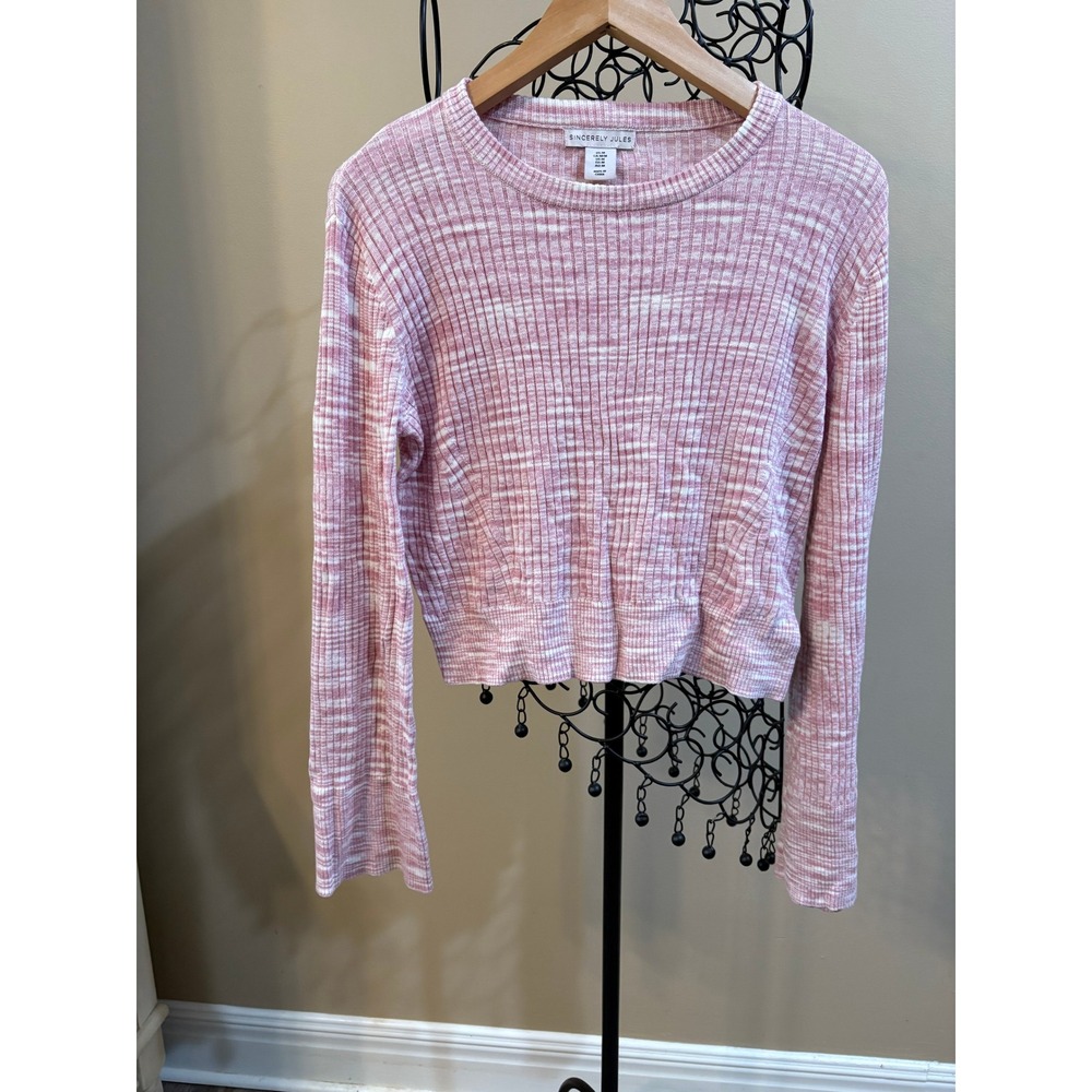 Y2K Soft Girl Pink White Marled Ribbed Knit Cropped Bell Sleeve Sweater M